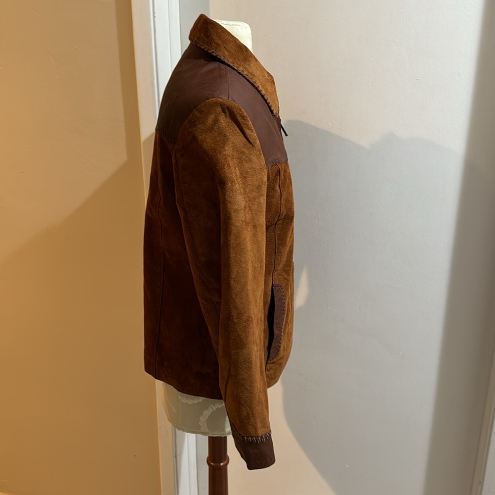 Lee Vintage Chestnut Brown Genuine Leather Suede Embossed Zip Up Lined Jacket M - Picture 6 of 12